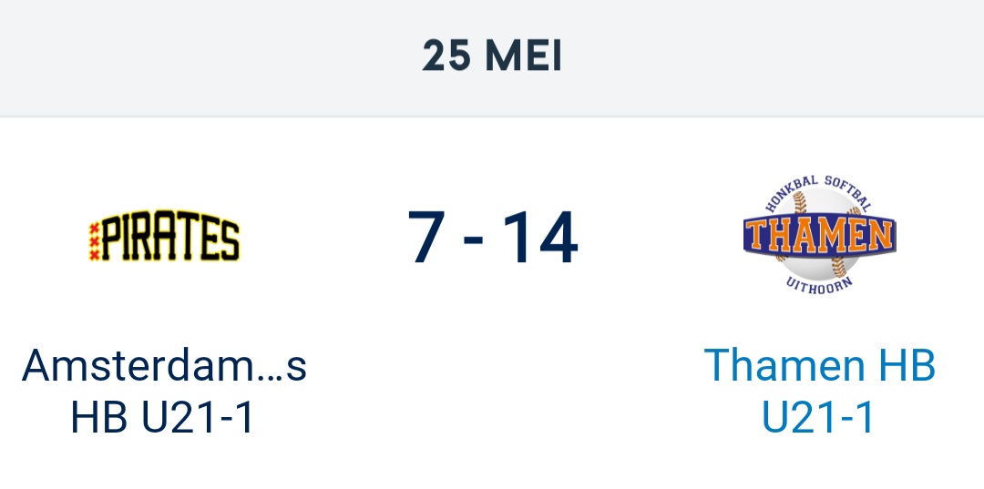 Amsterdam Pirates HB U21-1 tegen Thamen HB U21-1 van zondag 25 mei